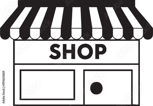Black and white of a shop storefront with striped awning