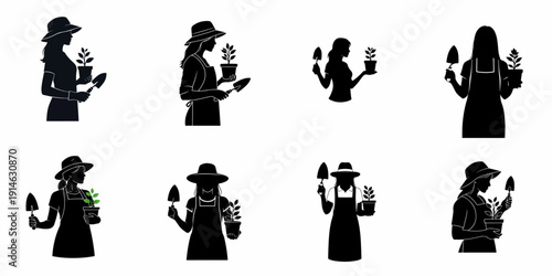 Collection of female gardener silhouettes holding a potted seedling and a trowel, representing horticulture, planting, and organic growth icons.