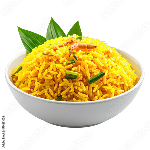 Traditional indonesian yellow rice with complete side dishes, professionally captured and isolated on white background