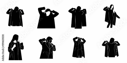 Minimalist Vector Silhouettes of Women Dressing in Coats, Illustrating Different Poses and Fashion Style.
