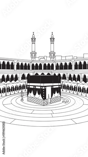 Iconic Kaaba at the Grand Mosque, Majestic Sacred Site with Courtyard and Minarets in Architectural Rendering.