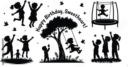 Happy Birthday sweetheart children silhouette vector illustration set, kids jumping playing swinging and trampoline fun, celebration design isolated on light background