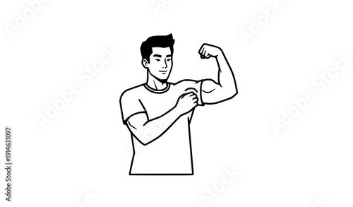 Confident Asian Man Flexing Narcissism Concept Bold Line Art Vector Illustration