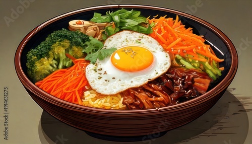 Delicious Korean Bibimbap Bowl with Sunny Side Up Egg and Vegetables.