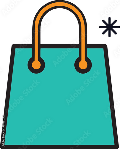 Teal shopping bag with orange handles and black outline
