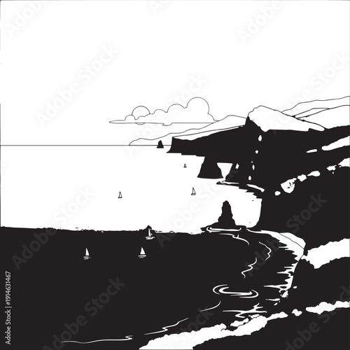 Monochrome coastal cliff and rugged shoreline along the sea.