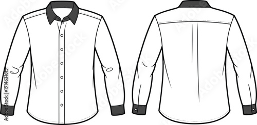 Men formal long sleeve shirt technical drawing, front and back view clothing template, fashion garment outline vector illustration for apparel design and production