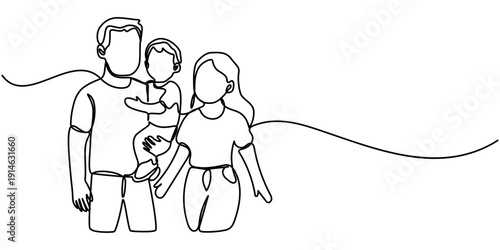 Happy family in continuous line art drawing style. Front view of parents with their little kid holding hands and walking together black linear isolated on white background. Vector illustration. 