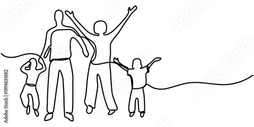 Happy family in continuous line art drawing style. Front view of parents with their little kid holding hands and walking together black linear isolated on white background. Vector illustration. 