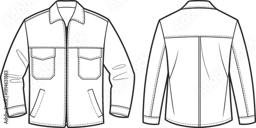 Men utility jacket technical drawing, front and back view outerwear template, fashion garment outline vector illustration for clothing design and manufacturing production