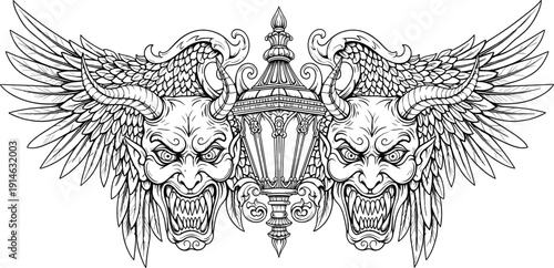 Symmetrical Demon Heads with Wings and Vintage Lantern Vector Illustration, Gothic Horror Line Art, Dark Fantasy Tattoo Design, Detailed Ornamental Engraving