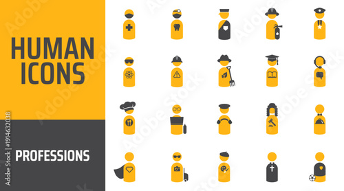 Set of 20 colour fill human profession icons in flat vector style. Includes a diverse range of occupations. Clean, modern, scalable vector icons. Editable AI file.