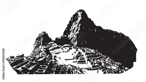 Monochrome Illustration of Majestic Mountain Range with Rocky Peaks and Slopes.