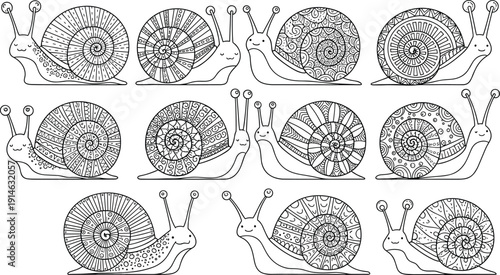 Decorative Snail Line Art Vector Set with Mandala Pattern Shells, Zentangle Style Garden Illustration, Cute Doodle Animals for Coloring Pages