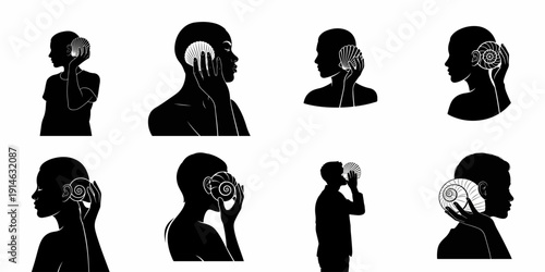 Collection of vector silhouettes showing diverse people holding seashells to their ears, listening to the sound of the ocean.