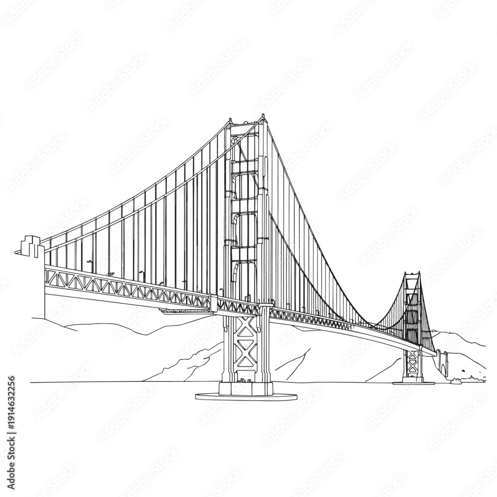 Fototapeta premium Sketch of a towering suspension bridge spanning a deep valley and river.
