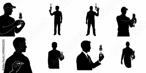 Eight silhouettes depicting mechanics and professionals inspecting or holding engine spark plugs, suitable for automotive repair, maintenance, and diagnostics concepts.