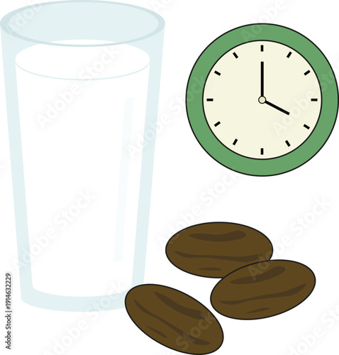 Vector illustration representing intermittent fasting concept with a glass of water, wall clock, and dates fruit. Symbolizing Ramadan fasting, healthy lifestyle, hydration, and nutrition.