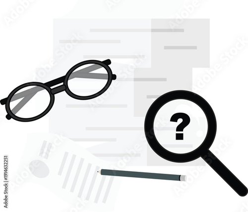 Minimalist vector illustration of documents with eyeglasses, magnifying glass, pencil, and question mark, symbolizing investigation, research, problem solving, and case analysis.