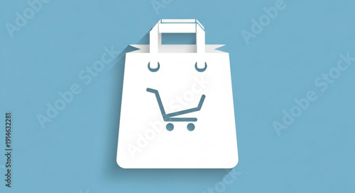 Happy shopping bag with smiling face and cart icon on blue background