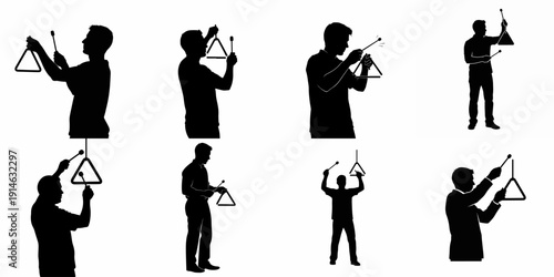 Black Silhouettes Set of Men Playing the Musical Triangle Instrument in Various Poses, Ideal for Percussion and Orchestra Concepts.