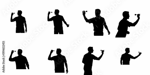 Collection of Darts Player Silhouettes: Black Vector Icons of Men Throwing Darts, Aiming, and Playing the Pub Game.