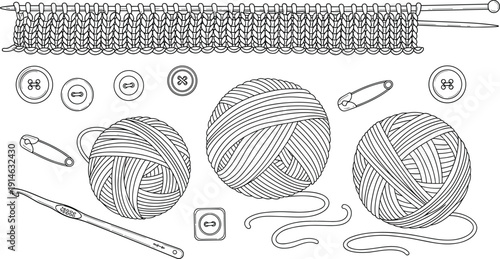 Knitting and Crochet Line Art Vector Set with Yarn Balls, Needles, Hooks, Buttons, and Handmade Craft Elements for DIY Designs