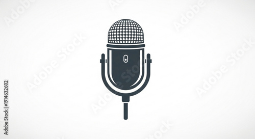 Vintage microphone icon with mesh grill and stand on white background