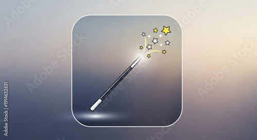 Magic wand with sparkling stars and glitter on gradient background