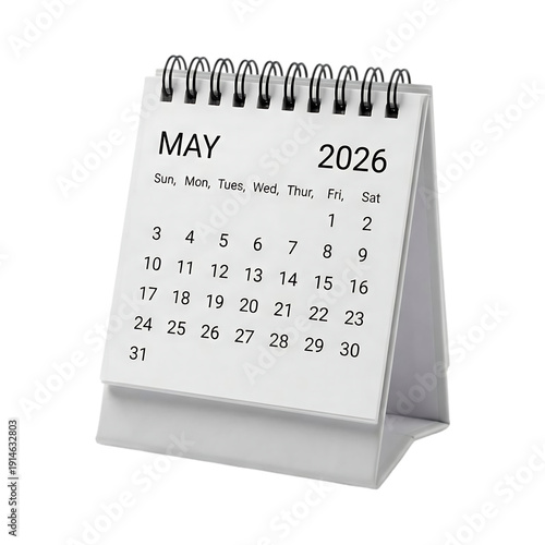 May 2026 desk calendar page showing days and dates arranged in a grid with spiral binding on stand, isolated on transparent background