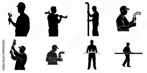 Vector Silhouette Set of Plumbers and Pipefitters Holding Tools, Pipes, and Fittings for Maintenance, Construction, and Repair Services.