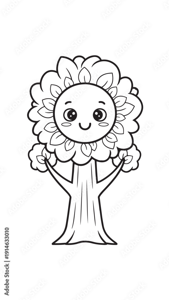 Obraz premium Smiling cartoon tree with a round leafy crown and friendly face, a cheerful nature character.