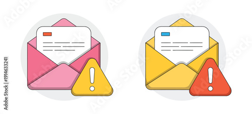 Email Message Spam Warning Icon, phishing envelope alert, scam caution notification, cyber fraud mail threat, malware protection, simple flat vector illustration for web and app security.