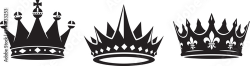 Black and white silhouette of three crowns, regal decorative royal design illustration