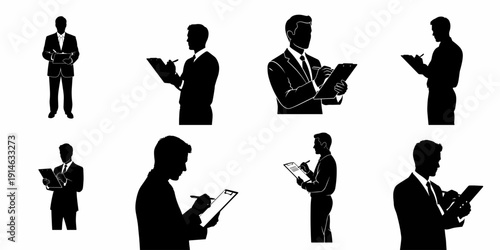 Eight silhouettes of businessmen and professionals in suits writing on clipboards, isolated vector illustration set for business and data entry concepts.