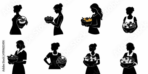 Vector set of eight female silhouettes in various poses, each holding a bowl of assorted fresh fruit, symbolizing health and harvest.