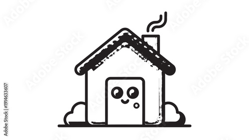 Minimalist black and white illustration of a small cozy house with chimney.