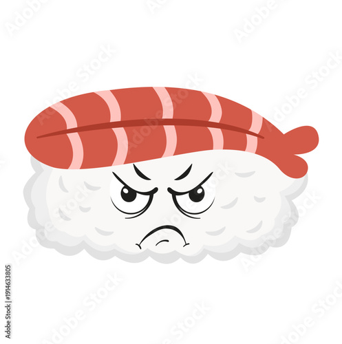 Cute Cartoon Prawn Nigiri Sushi Character with Anger Face Illustration Isolated on White Background