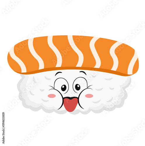 Cute Cartoon Salmon Nigiri Sushi Character with Funny Face Illustration Isolated on White Background