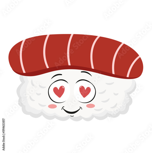 Cute Cartoon Maguro Nigiri Sushi Character with Hearth Eyes Illustration Isolated on White Background