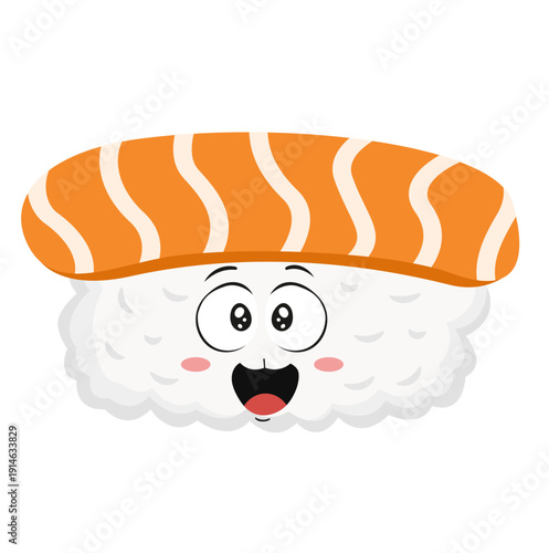 Cute Cartoon Salmon Nigiri Sushi Character with Adored Face Illustration Isolated on White Background