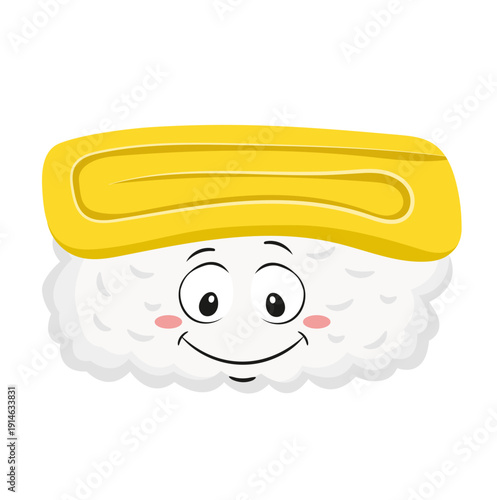Cute Cartoon Tamago Sushi Character with Smiley Face Illustration Isolated on White Background