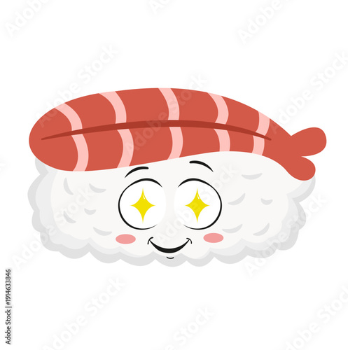Cute Cartoon Prawn Nigiri Sushi Character with Amazed Face Illustration Isolated on White Background