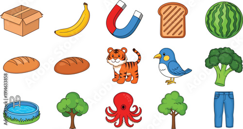 Cartoon Everyday Objects Vector Set with Fruits, Bread, Animals, Magnet, Trees, Pool, and Clothing Items for Kids Educational Designs