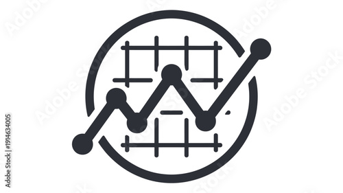 Black and white of a stock market graph with a circular frame line chart