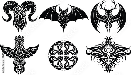 Tribal Gothic Emblem Vector Set with Ram Skull, Bat Wings, Demon Symbols, and Ornamental Dark Fantasy Tattoo Designs