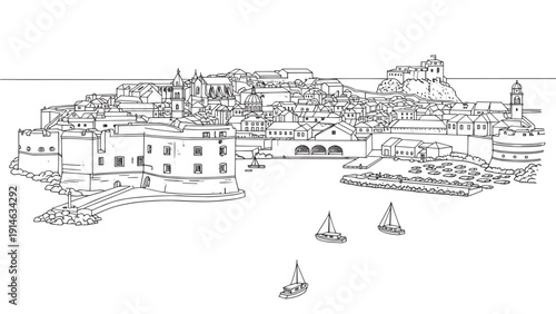 Coastal Town Fortifications Overlooking a Busy Harbor and Boats.