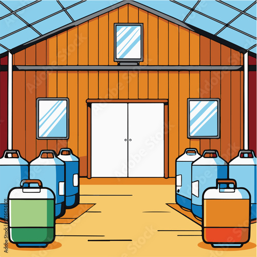 Agricultural Warehouse with Chemical Containers Storage Vector Illustration