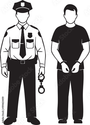 Police officer standing next to arrested man in handcuffs