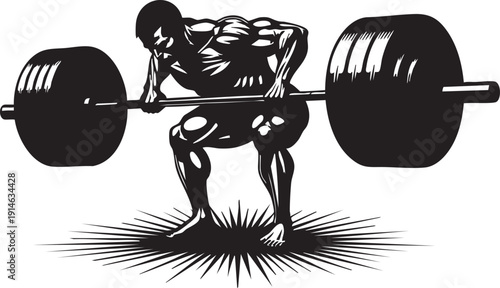 Muscular man lifting heavy barbell with weights weightlifter